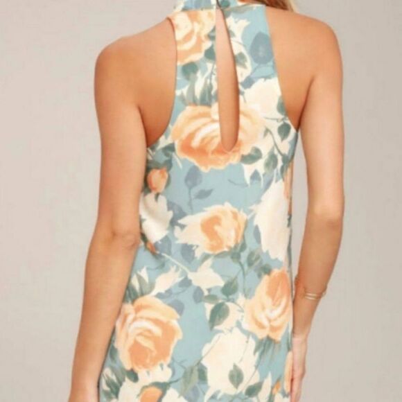 LULU'S BLUE WITH ORANGE FLORAL PART OF YOUR WORLD SLEEVELESS MINI DRESS SIZE M - Picture 2 of 8